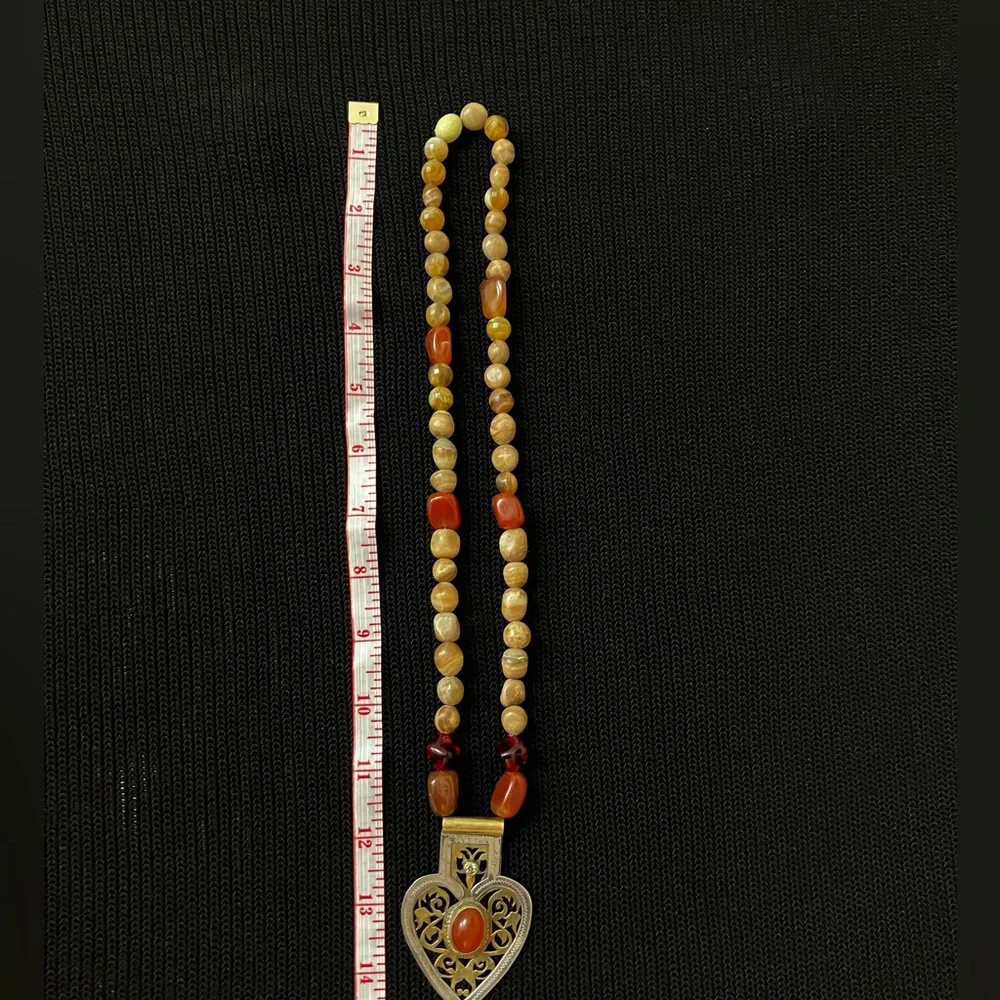 Bohemian Silver&Gold-Tone Heart Pendant Necklace, Natural Stone Beads - Picture 4 of 5